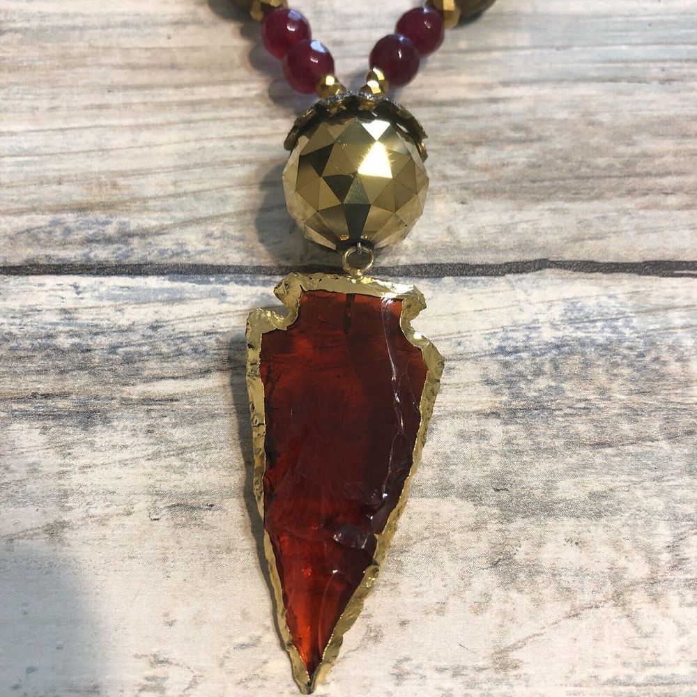 Fabulina Arrowhead Semi-precious Stone Beads Necklace 32" Ball Bead Chain